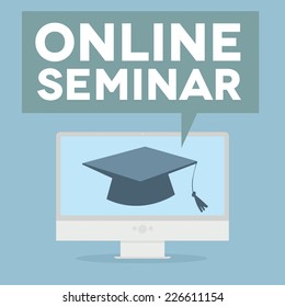 minimalistic illustration of a monitor with an online Seminar speech bubble, eps10 vector