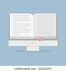 minimalistic illustration of a monitor with an open book, ebook concept, eps10 vector