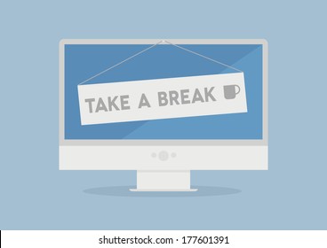 minimalistic illustration of a monitor with take a break sign, eps10 vector