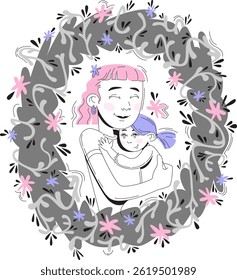 Minimalistic illustration of a mother and daughter embracing, Mother's day, surrounded by grey, pink, and lavender floral elements on a clean white background. 