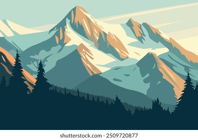 Minimalistic illustration of a mountain landscape with snow-capped peaks against the sky and dark silhouettes of fir trees in the foreground. Used soft pastel colors