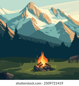 A minimalistic illustration of a mountain landscape with snow-capped peaks against the sky, dark silhouettes of fir trees and a bonfire in a glade in the foreground. Soft pastel colors were used.