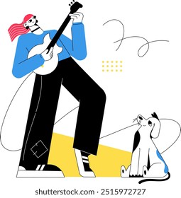 Minimalistic illustration of a musician playing guitar outdoors while a dog attentively listens. The scene captures a playful and artistic interaction between human and pet.