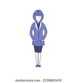 Minimalistic illustration of a nurse standing in uniform with a cross symbol on the hat. Simple design for healthcare concepts.