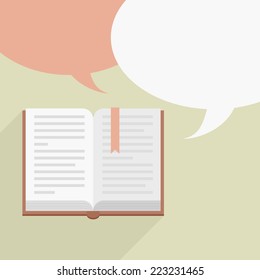 ilustración minimalista de un libro abierto con burbujas de voz vacías, vector eps10