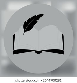 Ilustração minimalista de um livro aberto com uma pena sobre um fundo cinza circular, simbolizando escrita, literatura ou criatividade.