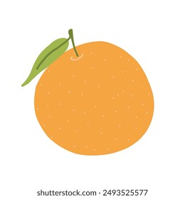 Minimalistische Illustration einer orangen Frucht mit einem grünen Blatt. Einfaches, farbenfrohes Design perfekt für frische und gesunde Themen. Ideal für Lebensmittel- und Ernährungskonzepte.