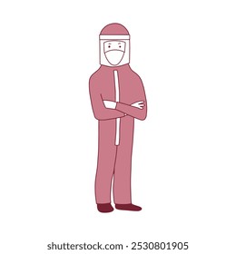 Minimalistic illustration of a person wearing a full hazmat suit with mask and face shield. Ideal for safety and healthcare topics.