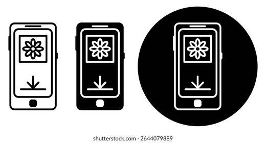 Ilustração minimalista de telefones com uma imagem de flor e ícone de download, representando o compartilhamento de imagens ou download em dispositivos móveis em três estilos de design.