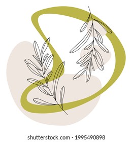 Minimalistic illustration. Poster with decorative branch and abstract color spots. Design for poster, postcard, brochure, cover design. Modern abstract vector illustration.