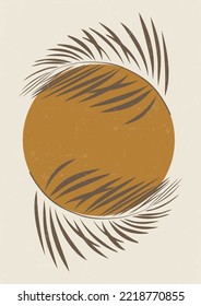 Minimalistic Illustration poster with palm leaf and sun.