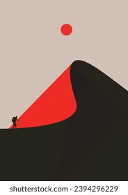 minimalistic illustration poster of a person hiking in the desert