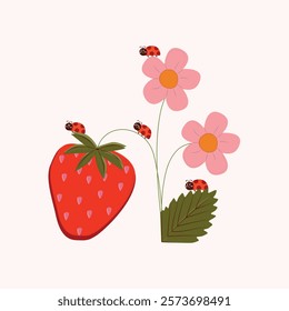 A minimalistic illustration of a red strawberry, pink flowers, and adorable ladybugs on a light beige background. The composition features cheerful elements and a playful design