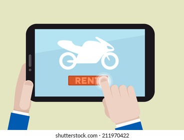 minimalistic illustration of renting a motorbike with a mobile device, eps10 vector