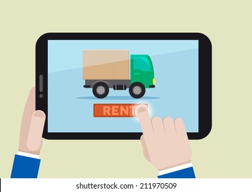 minimalistic illustration of renting a truck on a mobile device, eps10 vector