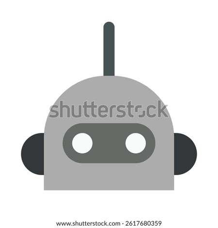 Minimalistic illustration of a robot's head with a rounded gray top, dark gray antenna, and white circular eyes on a dark gray rectangular face, featuring dark gray circular sensors on the sides.
