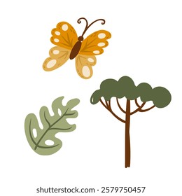 Minimalistic illustration of a safari theme with a yellow butterfly, green leaf, and a tree with a natural earthy color palette on a white background