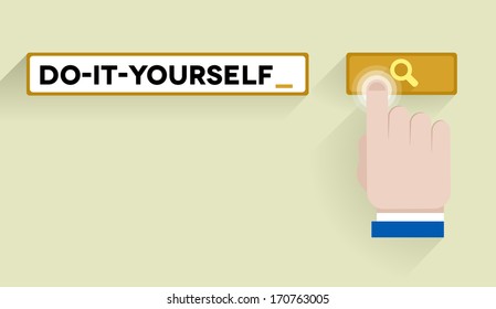 minimalistic illustration of a search bar with do it yourself keyword and hand over the button, eps10 vector