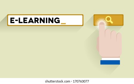 ilustración minimalista de una barra de búsqueda con palabra clave e-learning y pasar el botón, vector eps10