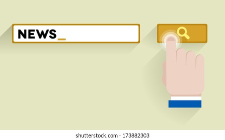 minimalistic illustration of a search bar with news keyword and hand over the button, eps10 vector