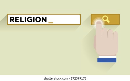 minimalistic illustration of a search bar with religion keyword and hand over the button, eps10 vector