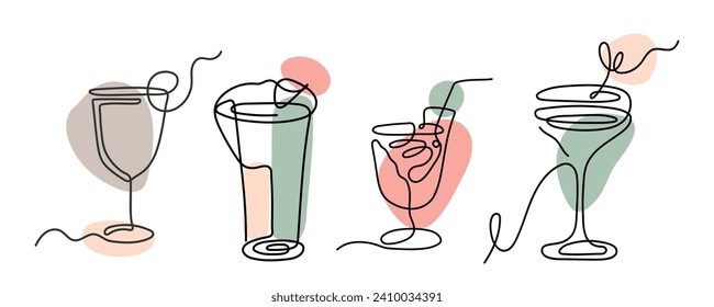 Minimalistic illustration of a set of cocktails in line art. Glass with drink. Juice or soda or alcohol.