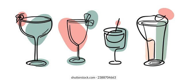 Minimalistic illustration of a set of cocktails in one line art