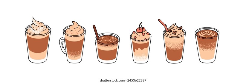 Minimalistic illustration set of coffee cups isolated on white background. Hot and cold coffee beverage. Espresso, americano cup, cappuccino and latte in glass. Flat vector illustration