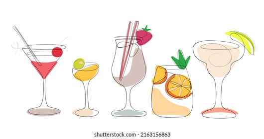 
Minimalistic illustration of a set of five cocktails in line art 