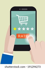 minimalistic illustration of a shopping rating system on a mobile phone, eps10 vector