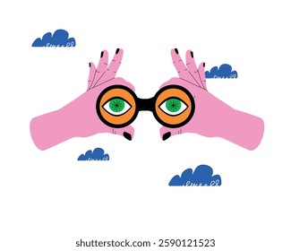 A minimalistic illustration showing hands holding binoculars. A metaphor for vision, search, and invention.