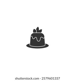 Minimalistic illustration of a silhouette dessert topped with leaves on a white plate with vibrant colors.