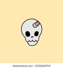 A minimalistic illustration of a skull with large black eyes and a small bandage on the forehead, set against a pale yellow background, giving a cute yet quirky vibe.