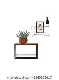 Minimalistic illustration of a small table with a succulent plant and a candle holder, with a letter inside, cozy aesthetic