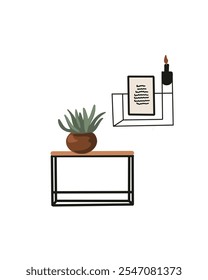 Ilustración minimalista de una mesa Pequeña con una planta suculenta y un candelabro, con una letra en el interior, estética acogedora