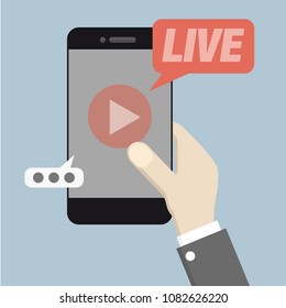 minimalistic illustration of a smartphone with speech bubble saying live, live streaming concept, eps10 vector