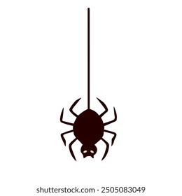 Minimalistic illustration of a spider hanging on a single line. The spider is in silhouette with simple features, creating a bold and striking image perfect for various design uses.