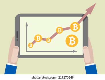 minimalistic illustration of a tablet computer with bitcoin growth graph going out of the screen, eps10 vector