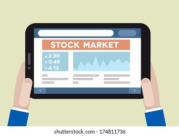 ilustración minimalista de una computadora tablet con aplicación en funcionamiento en el mercado de valores, vector eps10