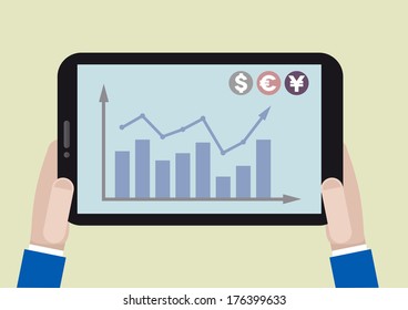Minimalistische Abbildung eines Tablet-Computers mit Stockdiagramm auf dem Bildschirm, eps10 Vektor