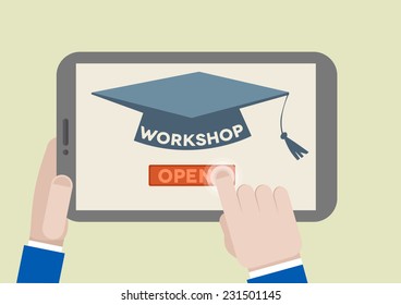 minimalistic illustration of a tablet computer with workshop scholar hat and hand pushing the join button, eps10 vector