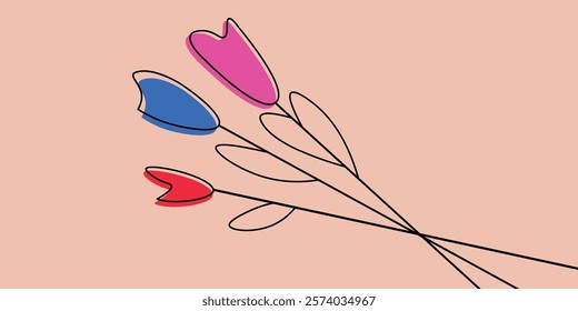 Minimalistic Illustration of Three Flowers in Bright Colors on Pink Background. Abstract line art of three colored flowers, featuring minimalistic design and aesthetic in vibrant colors.