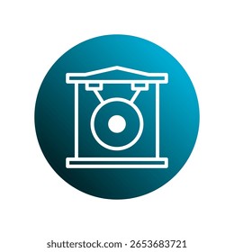 Uma ilustração minimalista de um gongo tradicional dentro de um edifício com um fundo de gradiente azul cria uma expressão artística cativante