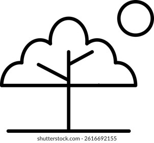 Minimalistic illustration of a tree with a straight trunk, cloud-like foliage, and a sun positioned in the top right corner, using abstract and simple shapes to depict nature.