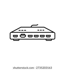 Minimalistic illustration of a USB hub with multiple ports and a power input on a white background.