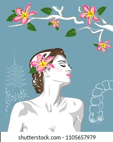 Minimalistic illustration with a woman, Chinese or Japanese pagoda, stone arch, blossoming tree on a blue background. Stylish design for perfume boxe, fabric print, fragrance, fashion, beauty industry