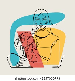 Minimalistic Illustration of a Woman and a Dog, continuous line