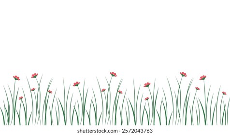 Minimalistic illustrations of green grass and delicate red flowers on a white background. Simple and clean design with a nature-inspired theme