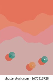 Minimalistic image of a beach with a top view. Waves approaching colorful umbrellas that give a shadow.