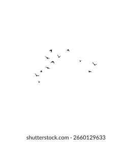 Imagen minimalista de siluetas de aves en vuelo sincronizado, ideal para conceptos pacíficos, naturales o de ensueño.